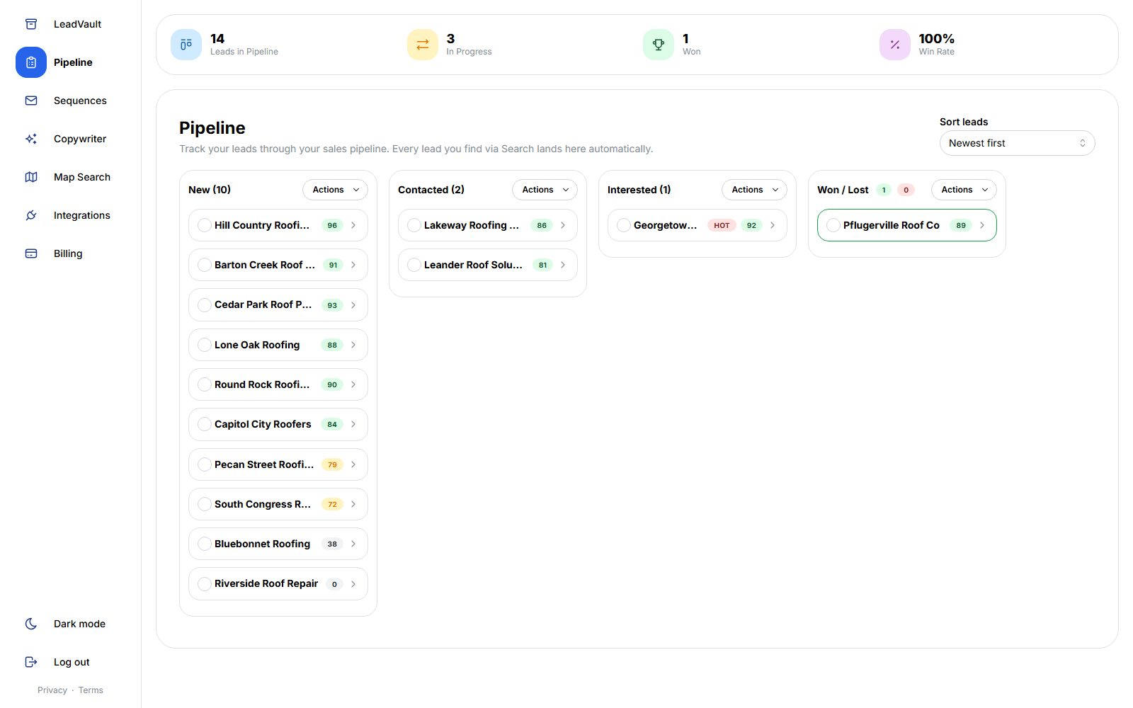 Full pipeline board with leads organized by stage and hot lead badges